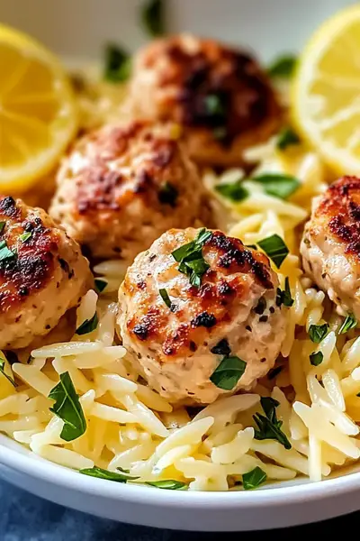 Greek Chicken Meatballs with Lemon Orzo