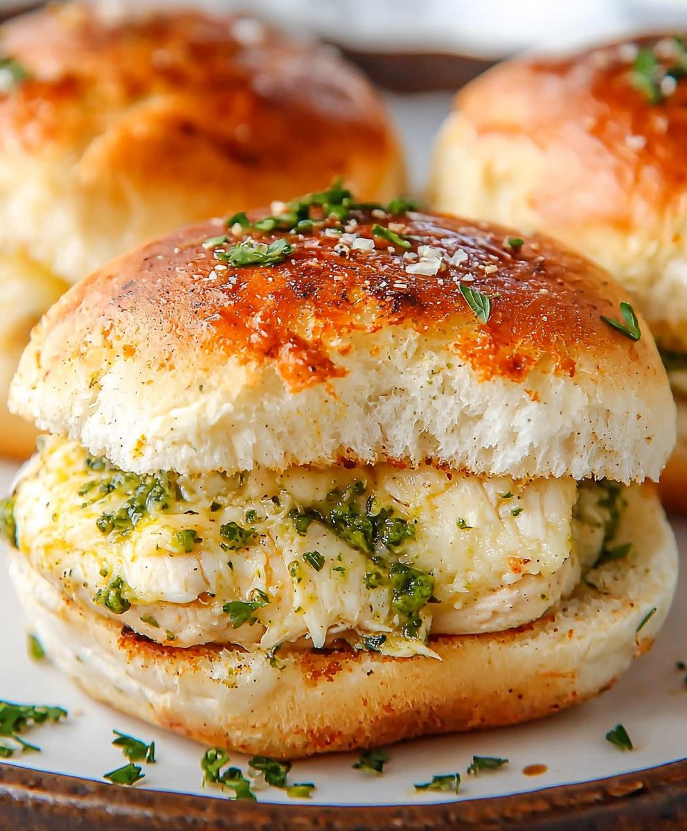 Cheesy Garlic Pesto Chicken Sliders