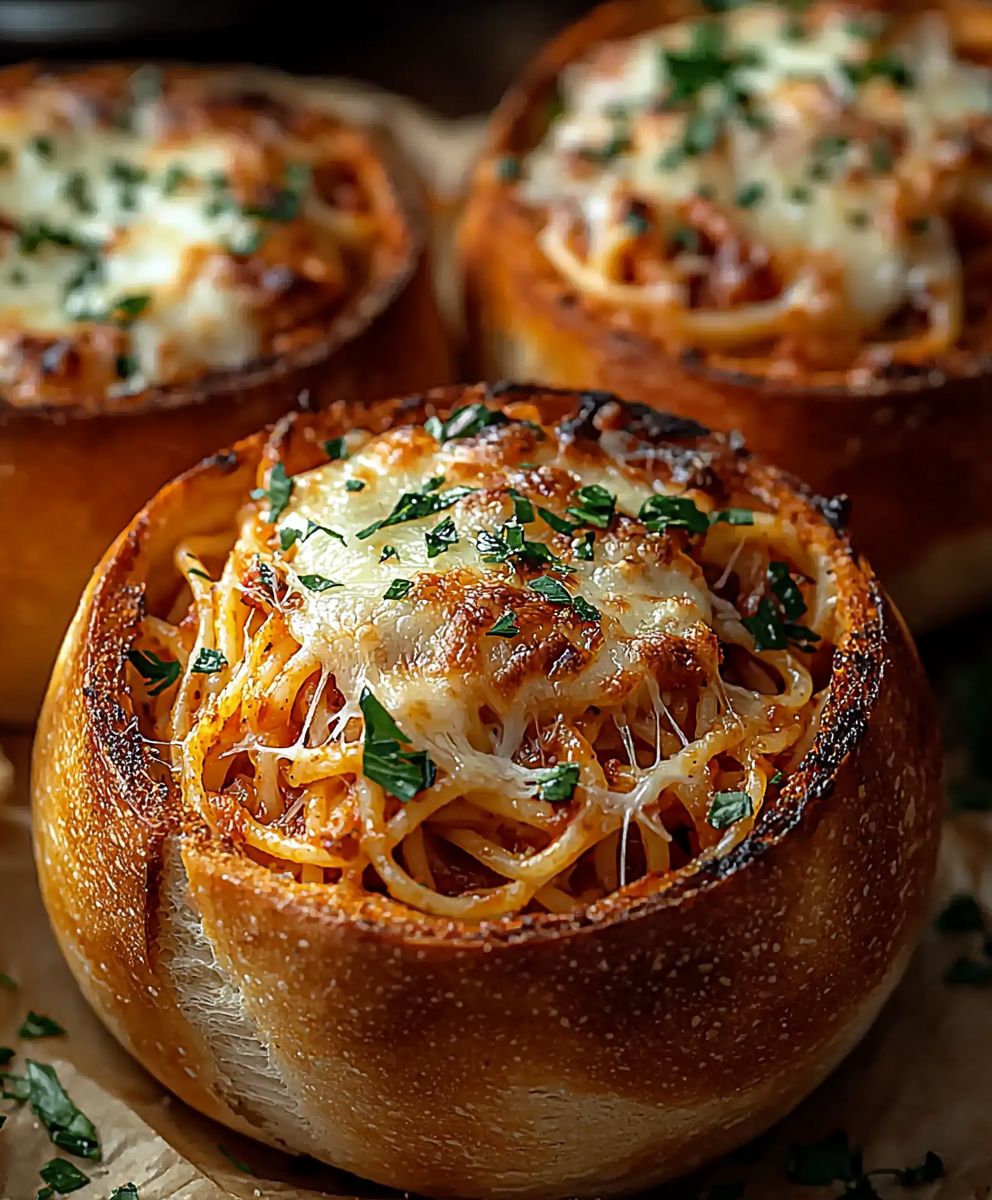 Spaghetti Garlic Bread Bowls