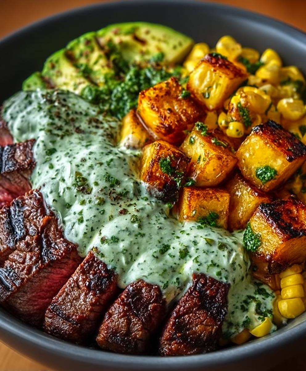 Steak avocado corn bowl
