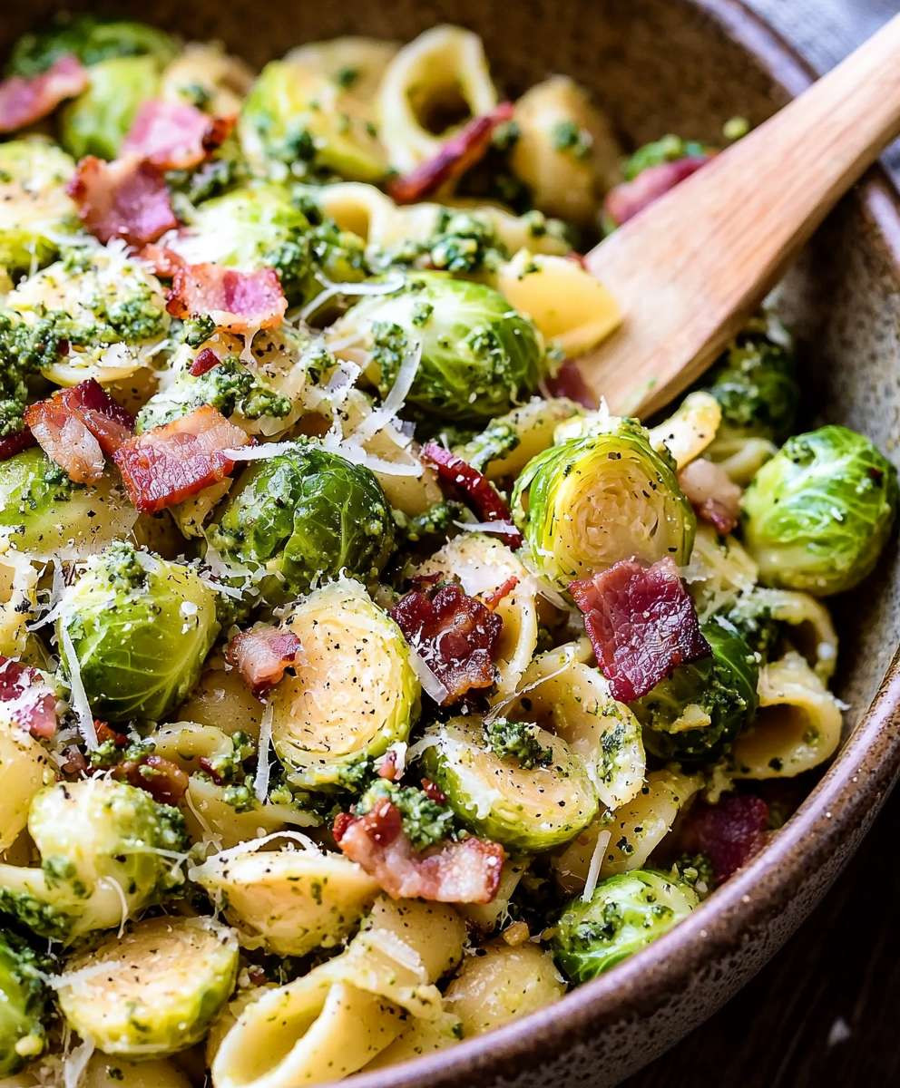 Brussels Sprouts Bacon Pesto Pasta