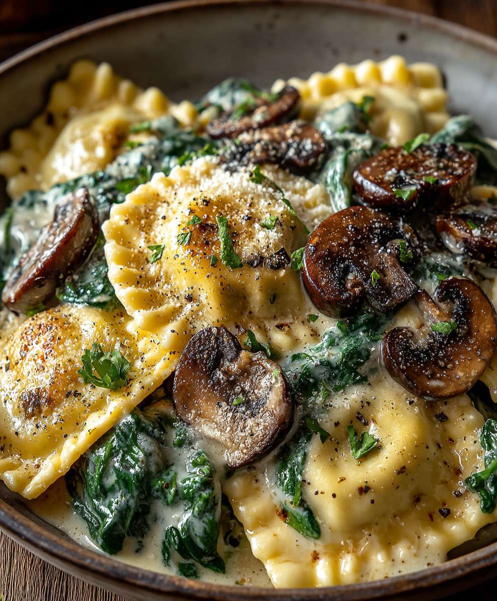 Spinach Mushroom Alfredo Ravioli