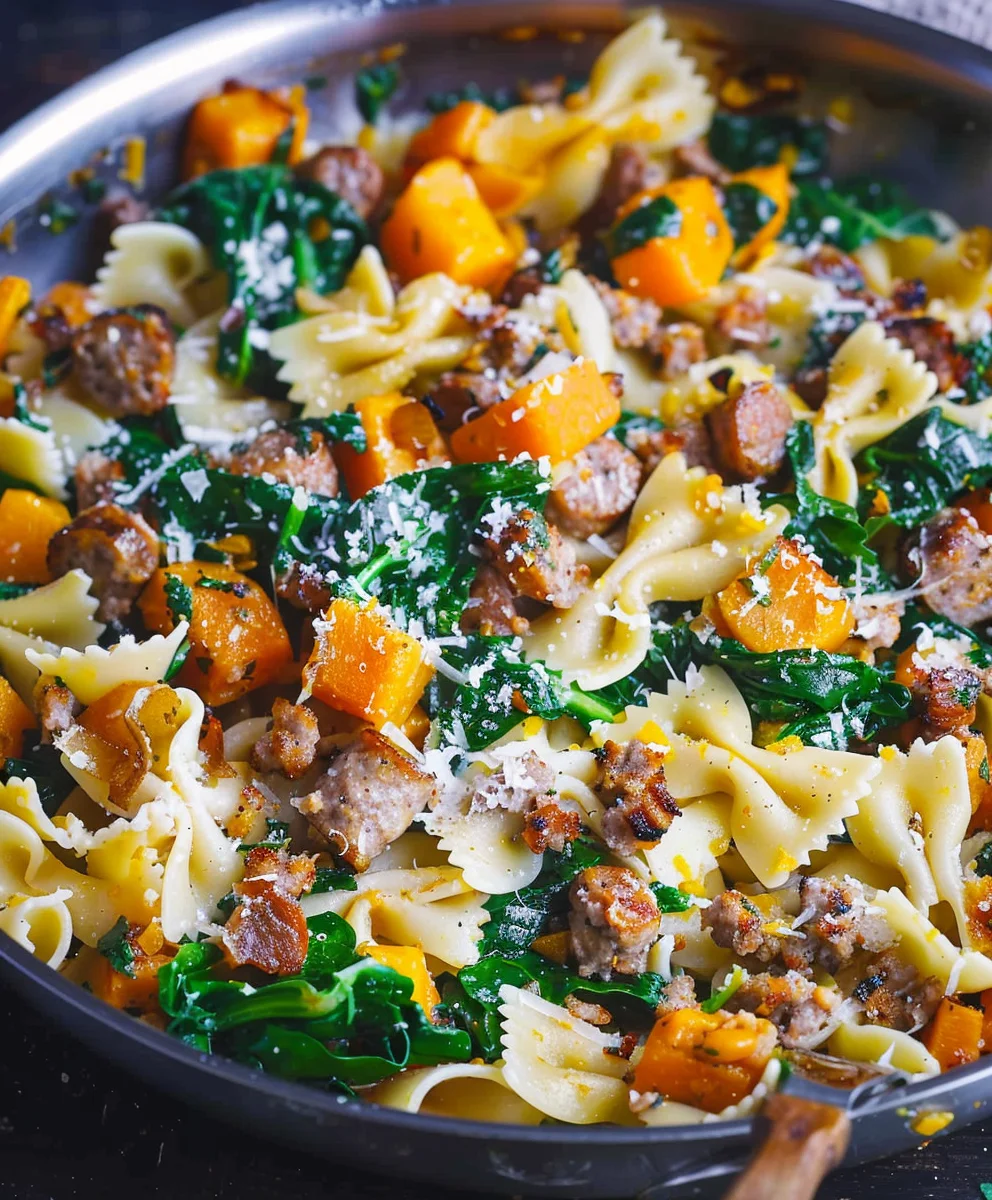 Hearty Butternut Squash Pasta with Beef Sausage & Spinach