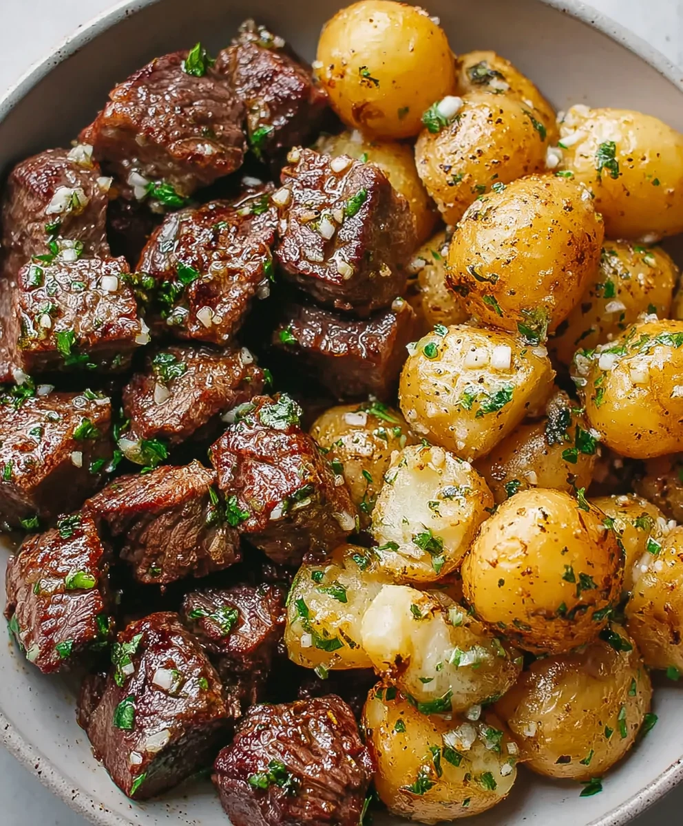 Tender Beef Steak Bites & Crispy Garlic Butter Potatoes