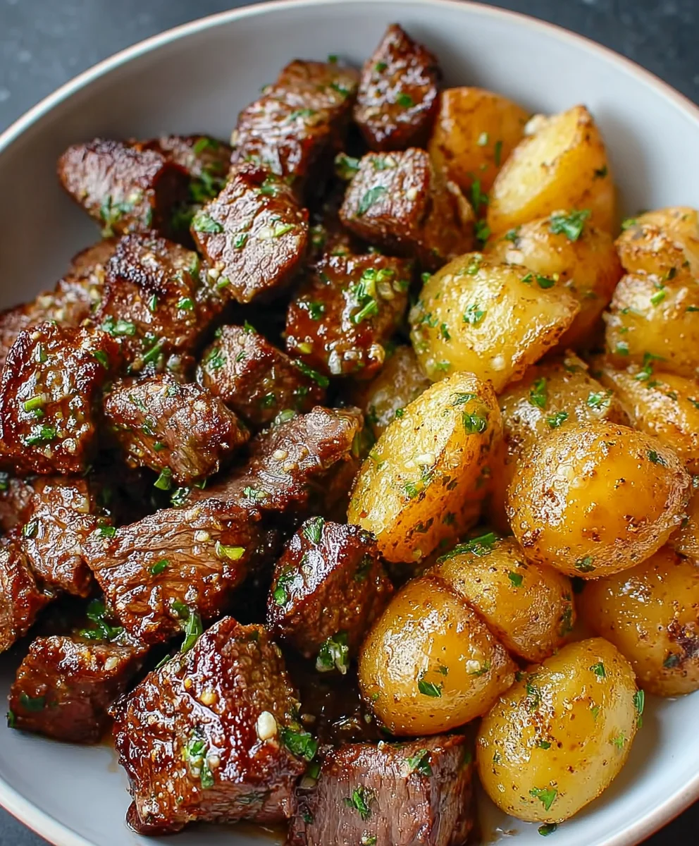 Tender Beef Steak Bites & Crispy Garlic Butter Potatoes