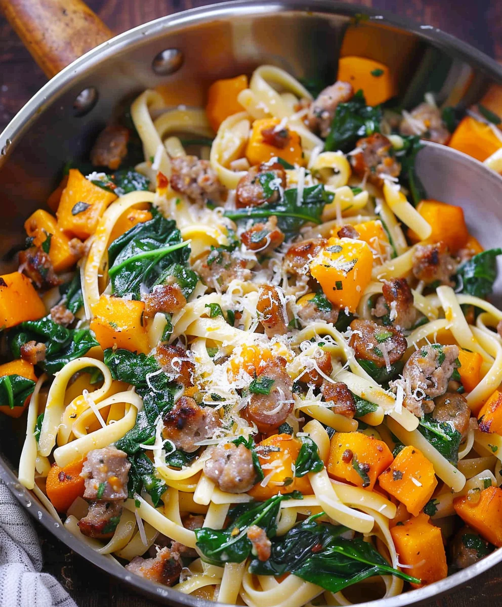 Hearty Butternut Squash Pasta with Beef Sausage & Spinach