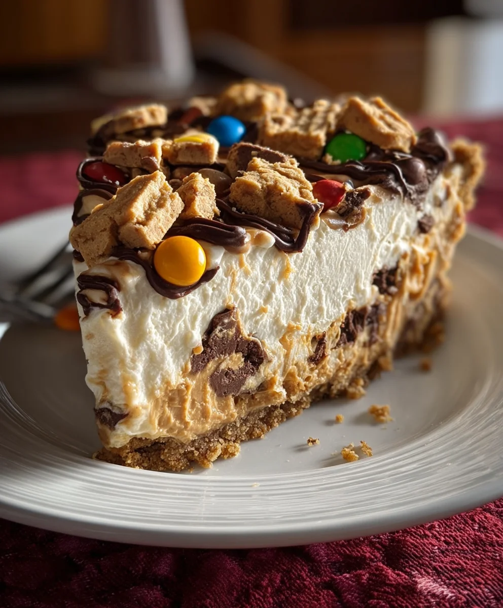 Decadent Monster Cookie Peanut Butter Cheesecake Pie