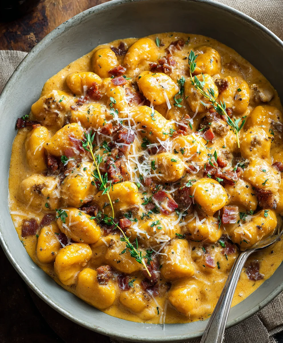 Creamy Pumpkin Gnocchi with Crispy Beef Bacon
