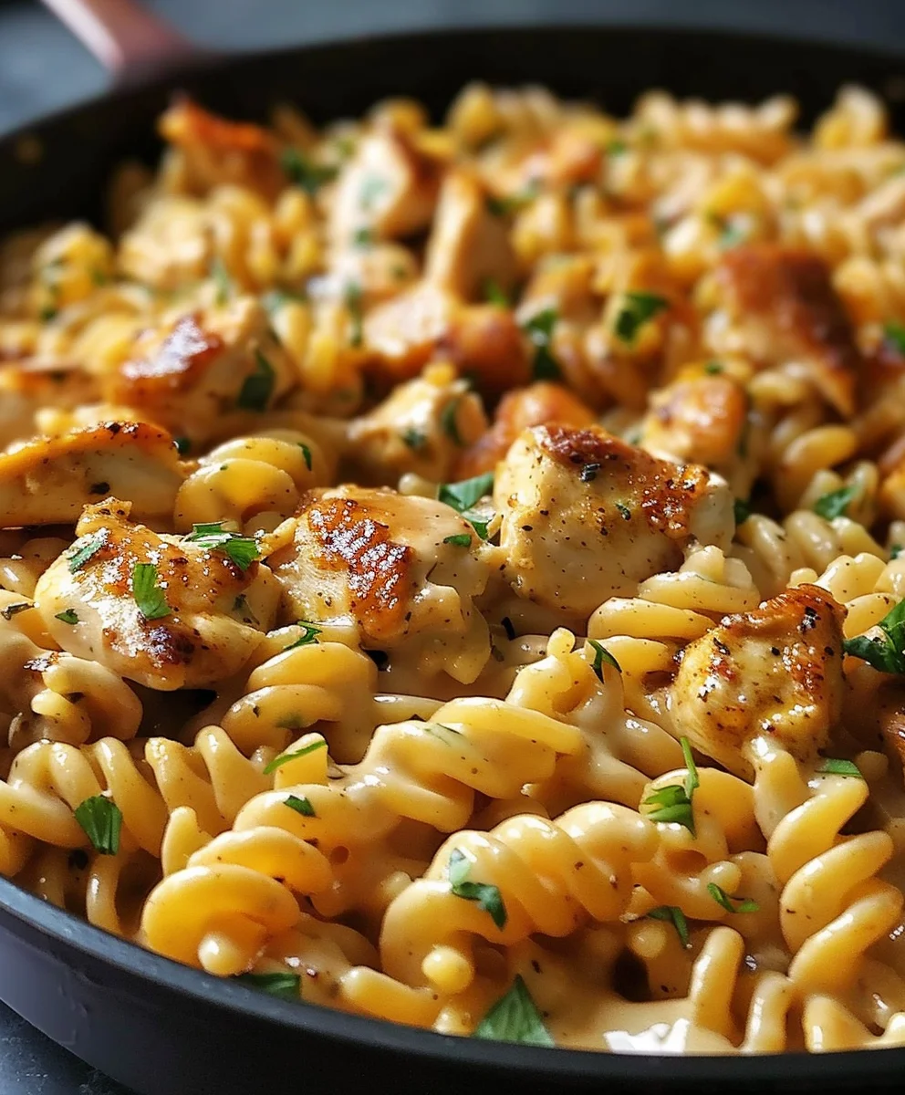 One-Pan Cheesy Cajun Garlic Chicken Rotini Skillet