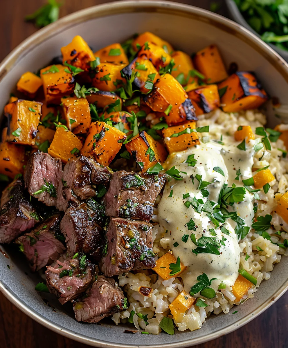 Savory Butternut Squash Garlic Herb Steak Bowls Recipe