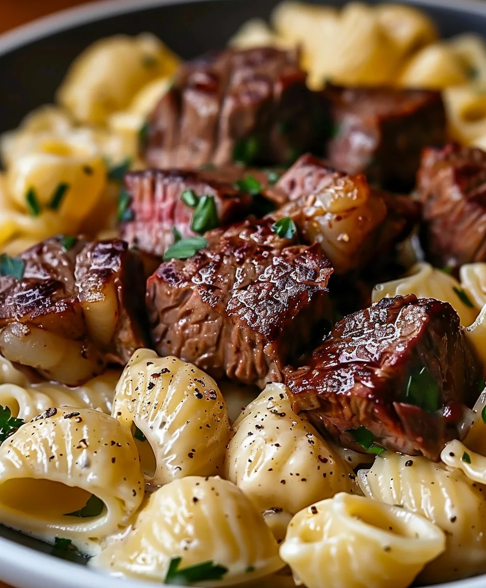 Easy Steak Bites Alfredo Pasta: Creamy Garlic Butter Shells