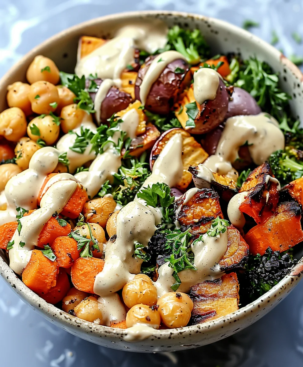 Healthy Roasted Veggie Chickpea Bowl with Tahini Dressing