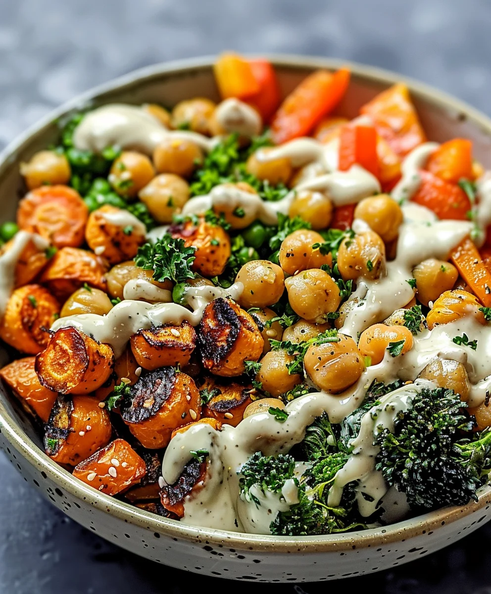 Healthy Roasted Veggie Chickpea Bowl with Tahini Dressing