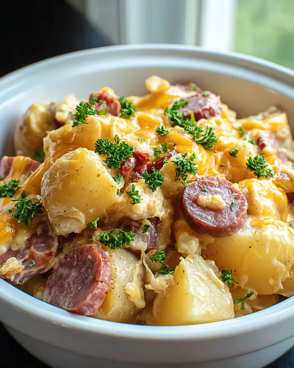 Easy Crockpot Cheesy Potatoes & Beef Kielbasa Meal
