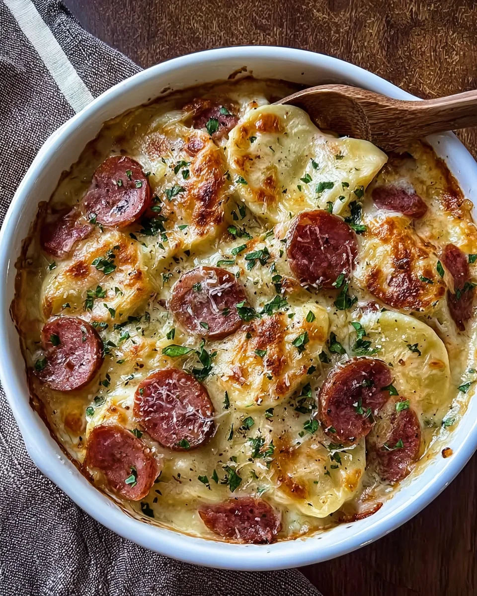 Easy Crockpot Pierogi Casserole with Beef Sausage
