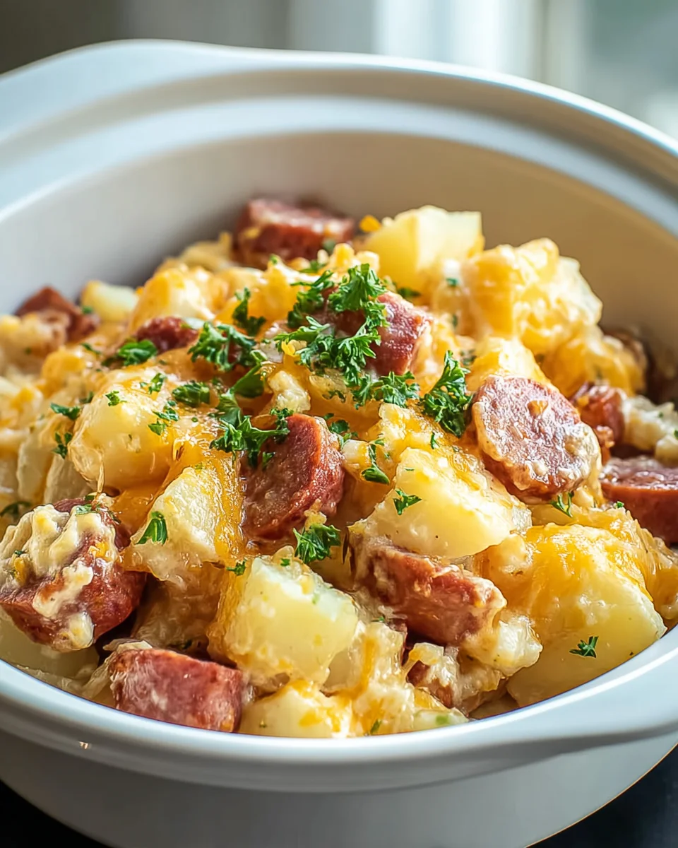 Easy Crockpot Cheesy Potatoes & Beef Kielbasa Meal