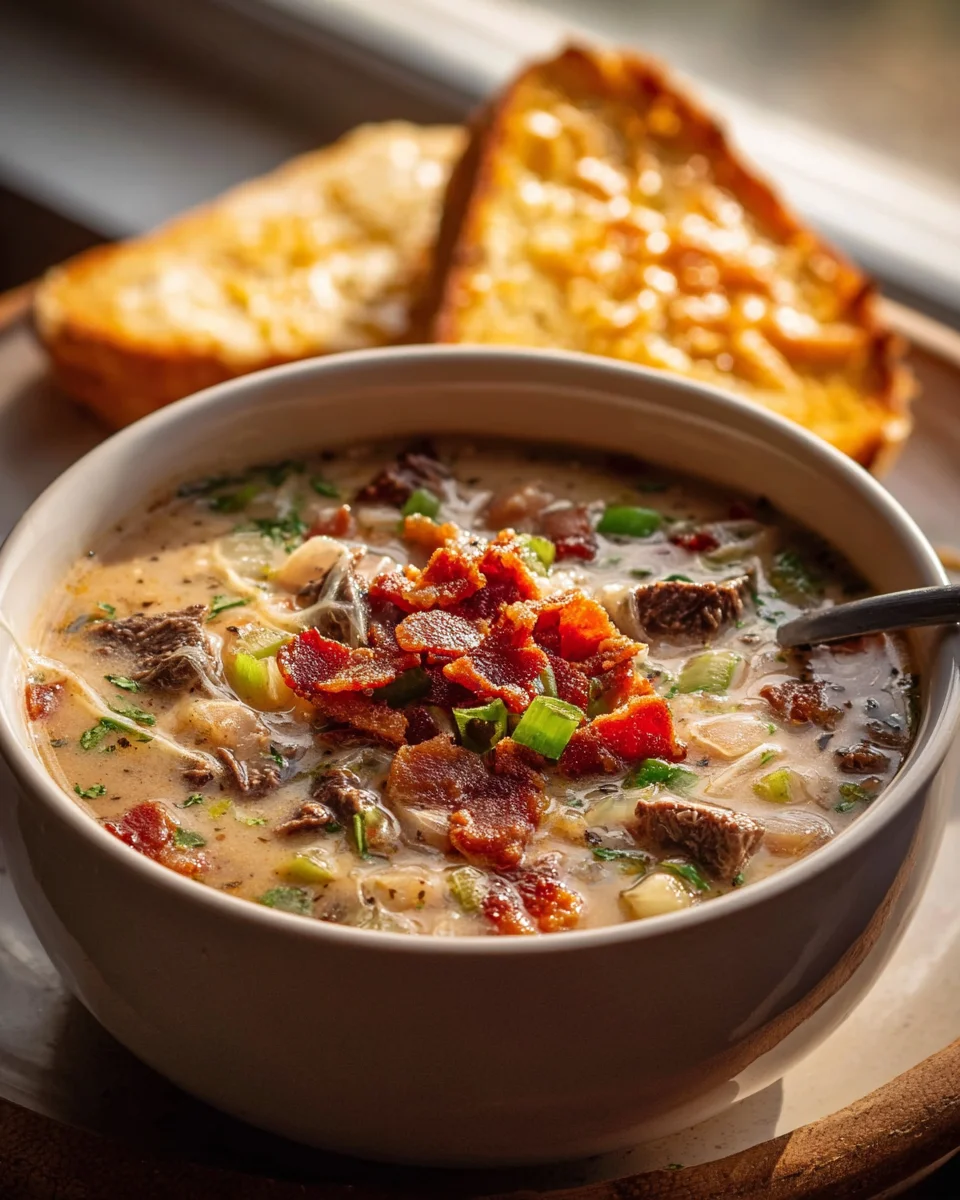 Delicious One Pot Philly Cheesesteak Soup & Cheesy Toast