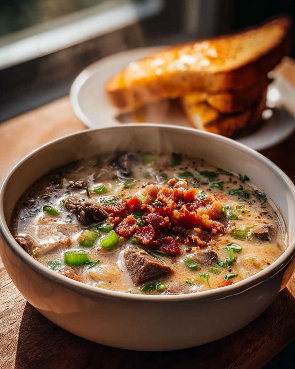 Delicious One Pot Philly Cheesesteak Soup & Cheesy Toast