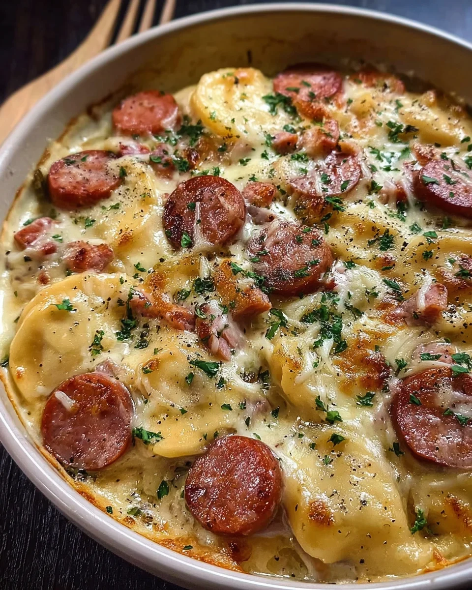 Easy Crockpot Pierogi Casserole with Beef Sausage