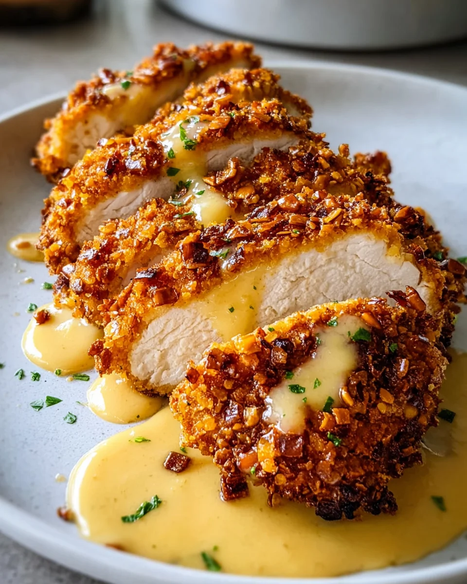 Savory Pretzel Chicken with Mustard-Cheddar Sauce Delight