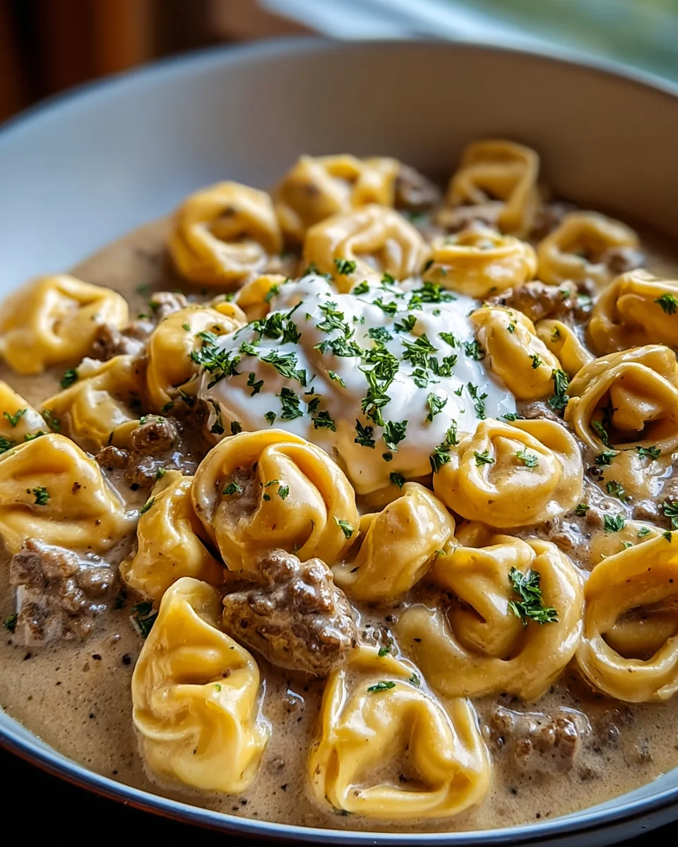 Easy Skillet Beef Stroganoff Tortellini in Creamy Sauce