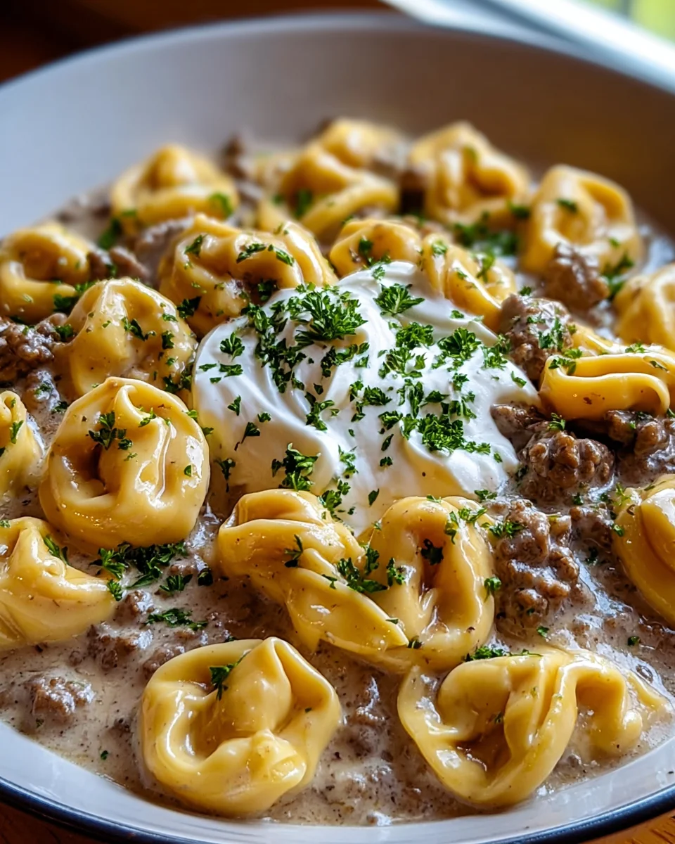 Easy Skillet Beef Stroganoff Tortellini in Creamy Sauce