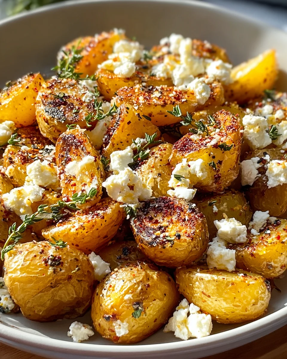 Crispy Roasted Potatoes with Baked Feta & Garlic Delight