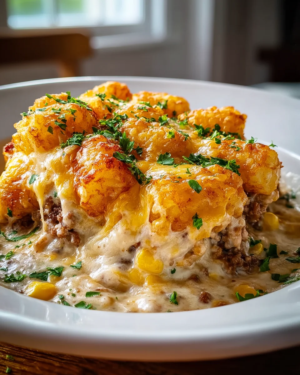 Delicious Cowboy Casserole with Ground Beef, Corn & Cheese Tots