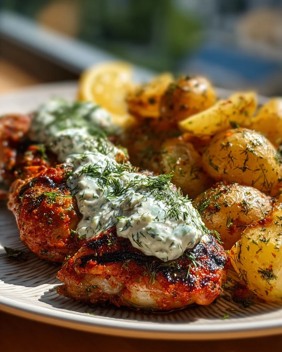 Spicy Yogurt Marinated Chicken with Dill Feta & Crispy Potatoes