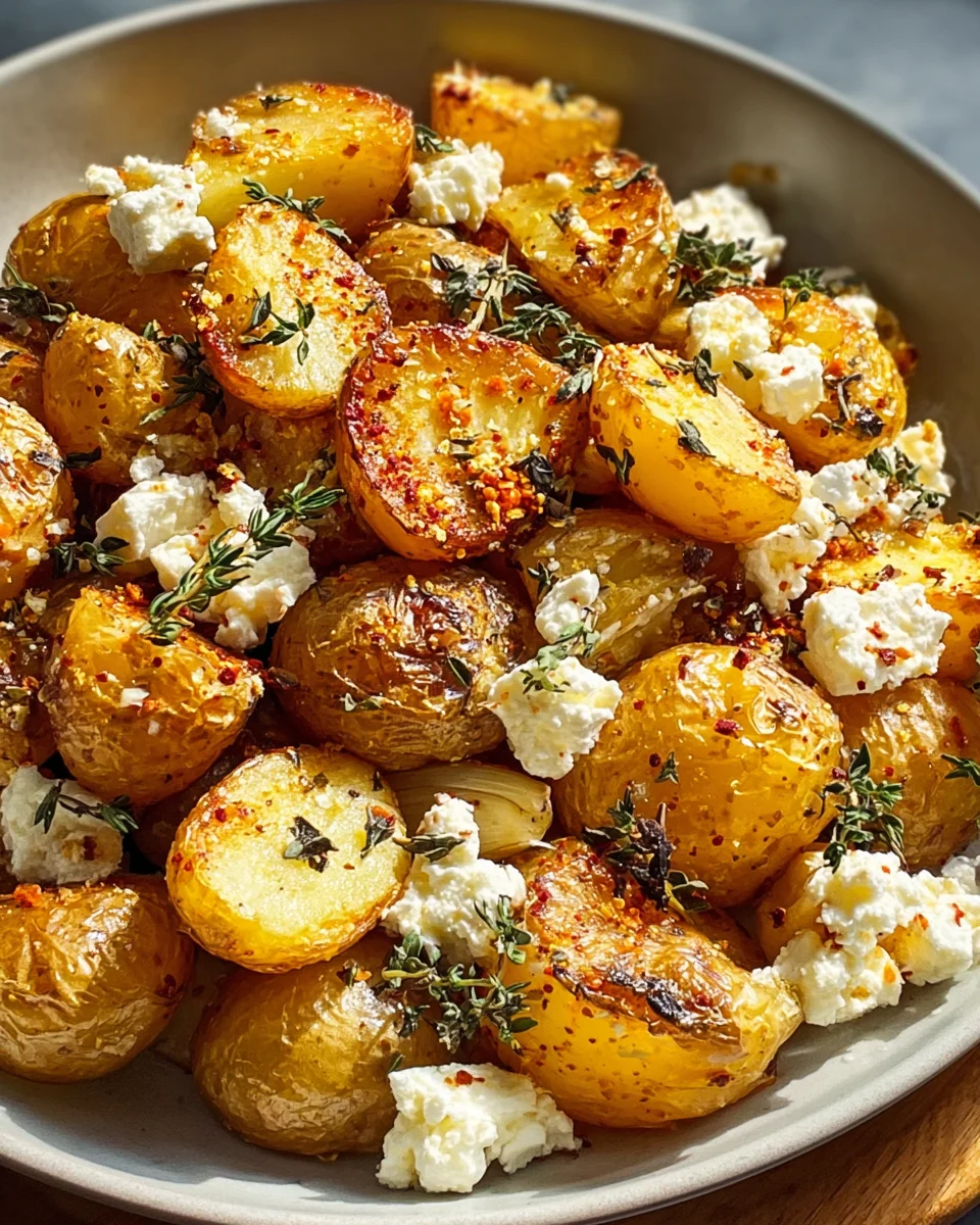 Crispy Roasted Potatoes with Baked Feta & Garlic Delight