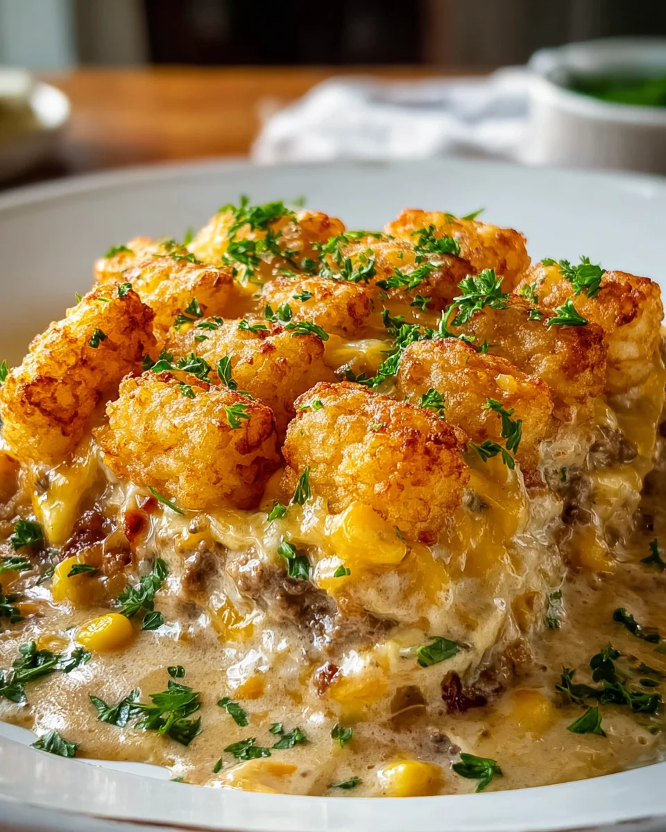 Delicious Cowboy Casserole with Ground Beef, Corn & Cheese Tots