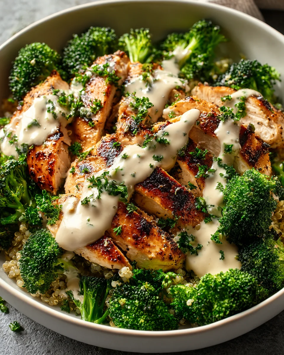 Delicious Grilled Chicken Broccoli Bowls | Creamy Garlic Sauce