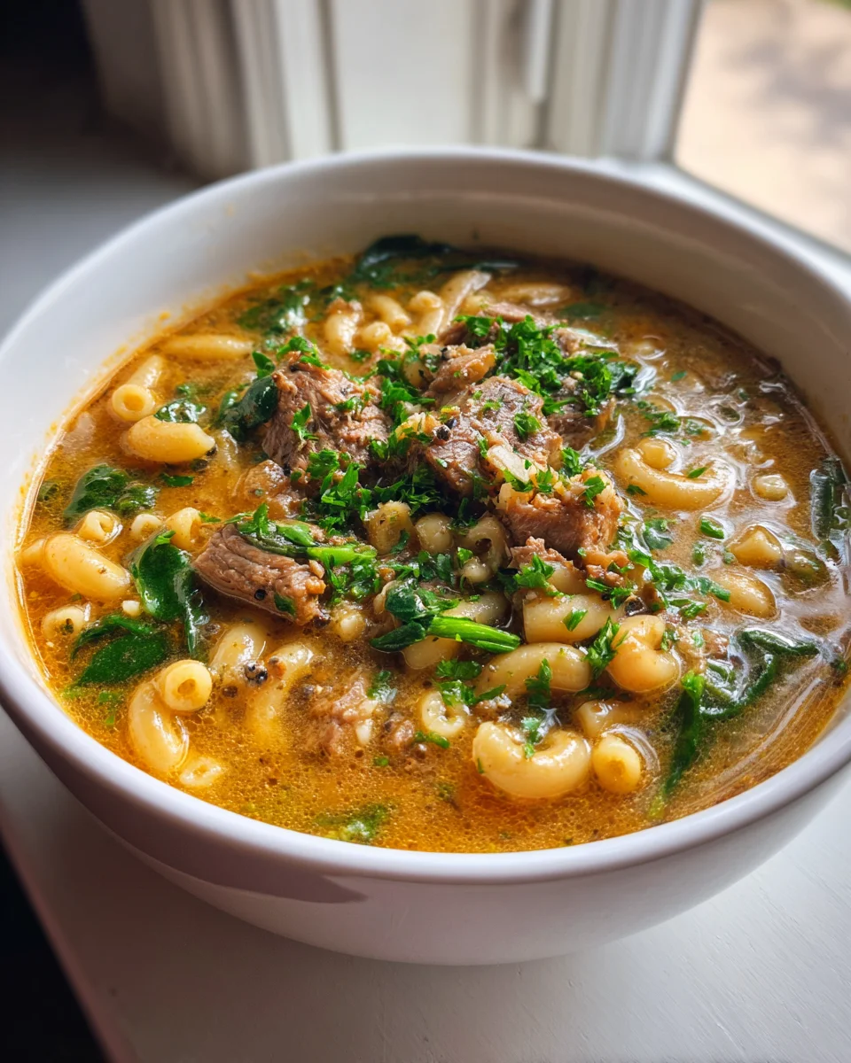 Hearty Beef Macaroni Soup with White Beans & Spinach
