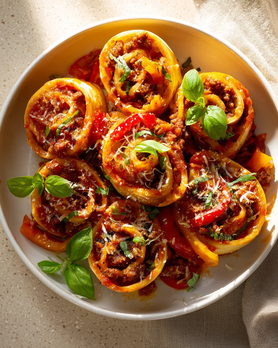 Delicious Beef Sausage, Pepper & Marinara Pasta Pinwheels