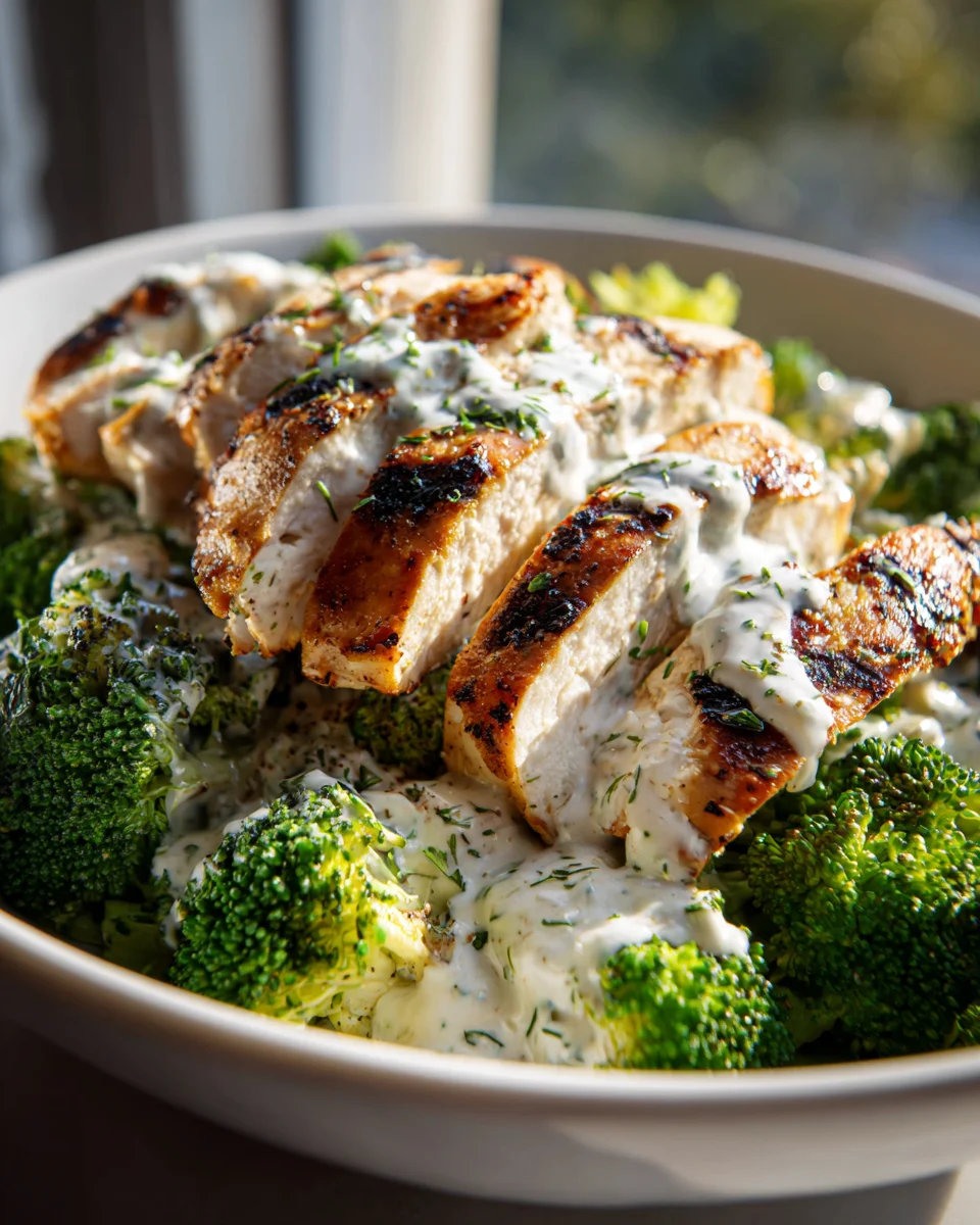 Grilled Chicken Broccoli Bowls with Creamy Garlic Sauce Recipe
