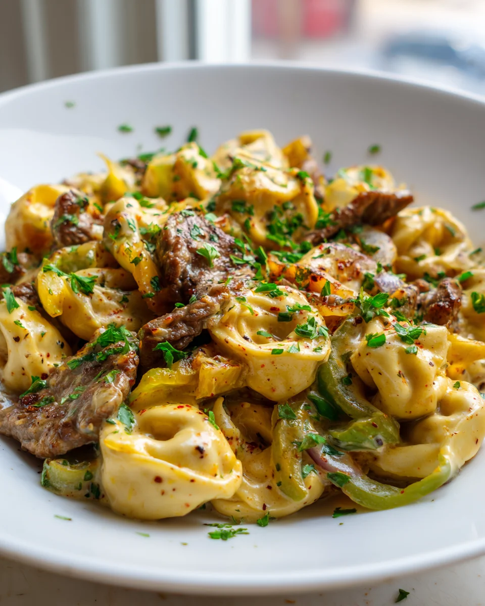Easy Cheesesteak Tortellini Skillet with Melted Provolone