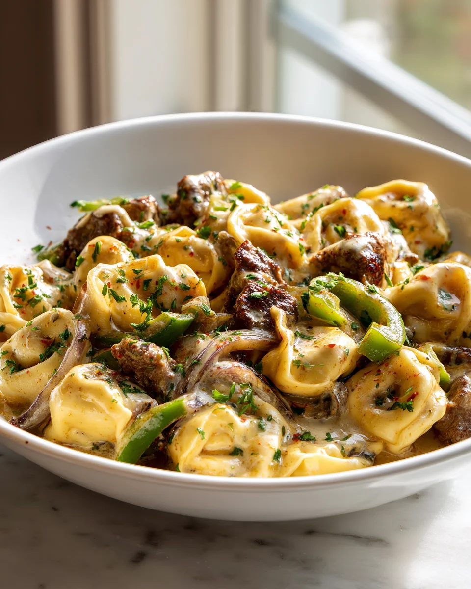 Easy Cheesesteak Tortellini Skillet with Melted Provolone