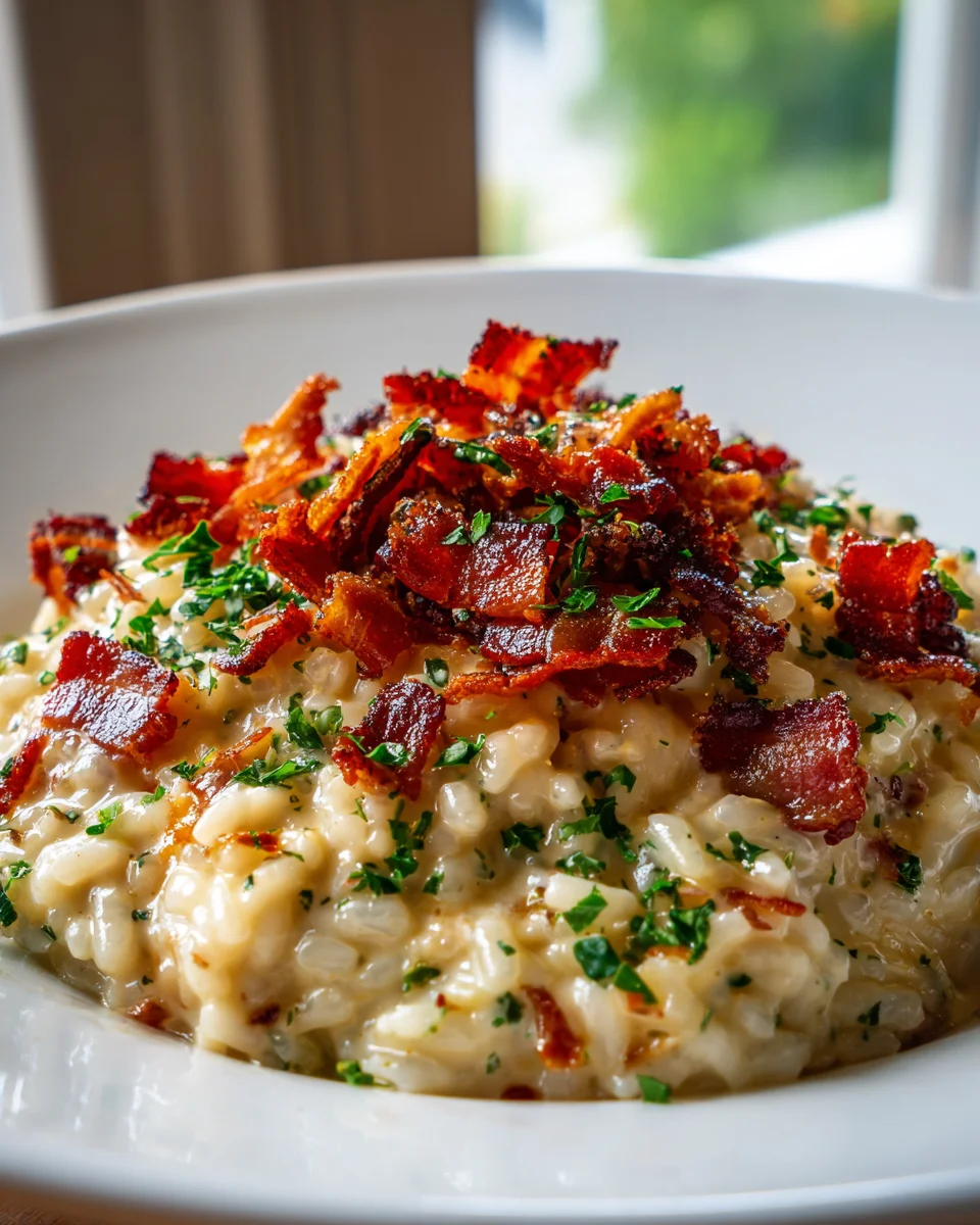 Creamy Carbonara Risotto with Crispy Beef Bacon