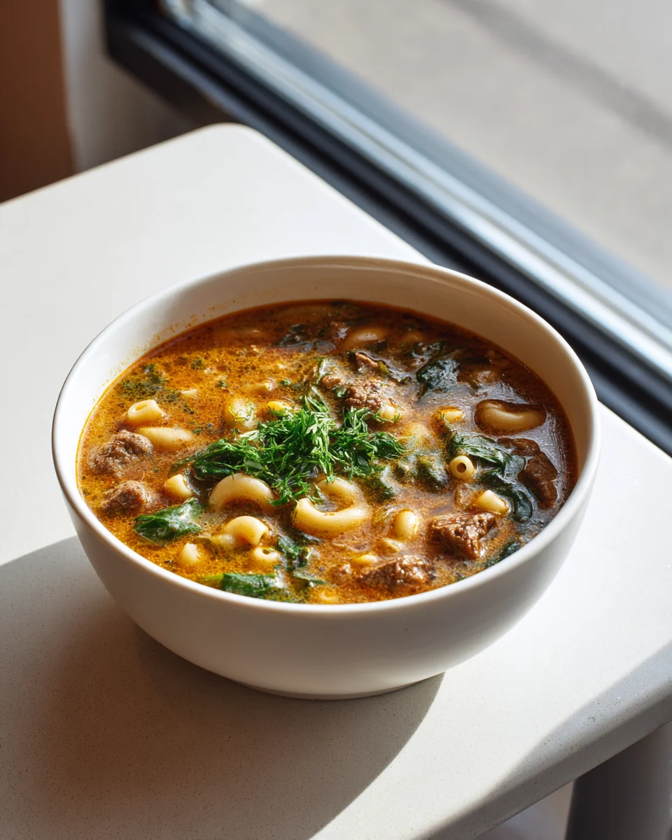 Hearty Beef Macaroni Soup with White Beans & Spinach