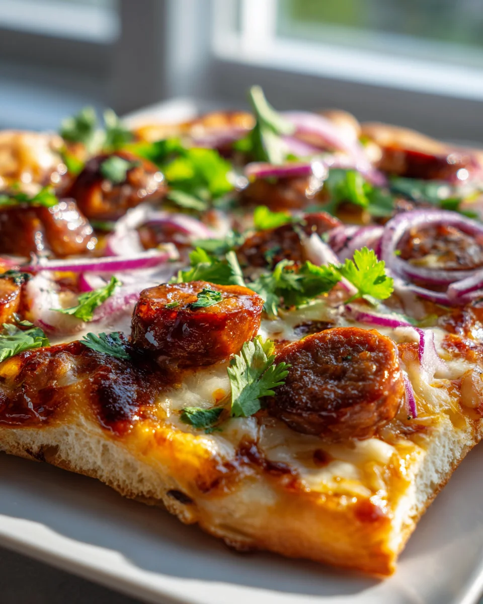 BBQ Beef Sausage Flatbread Pizza with Tangy Pickled Onion