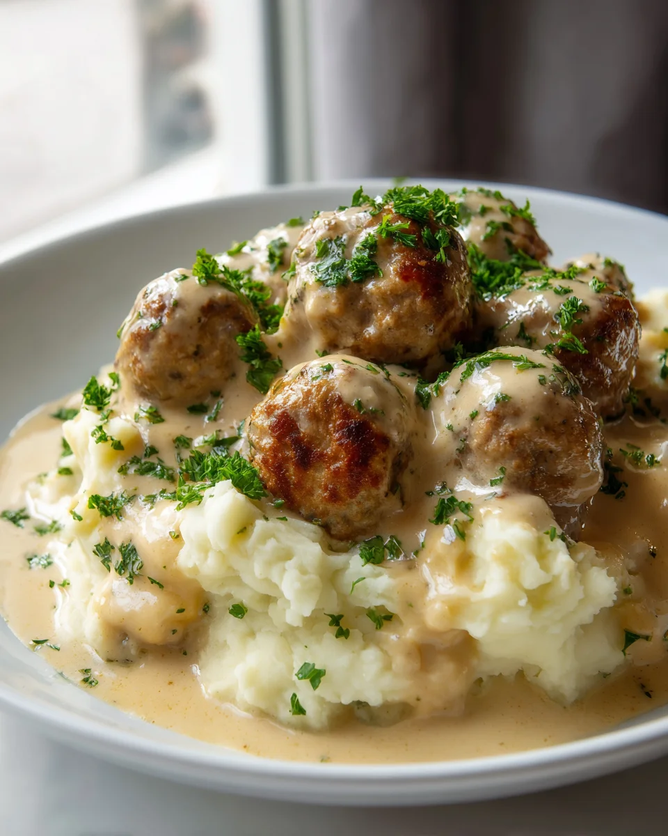 Best Beef Meatballs in Creamy Sauce with Mashed Potatoes