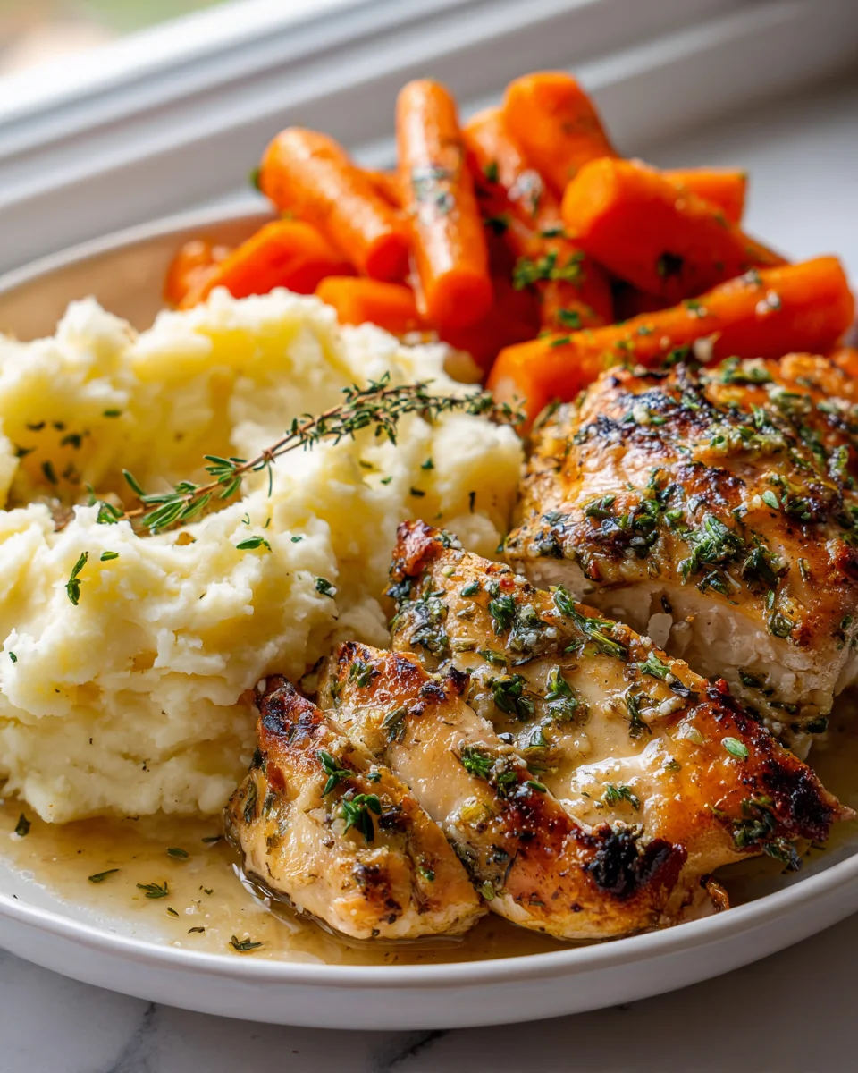 Easy Garlic Herb Chicken Meal: Mashed Potatoes & Carrots