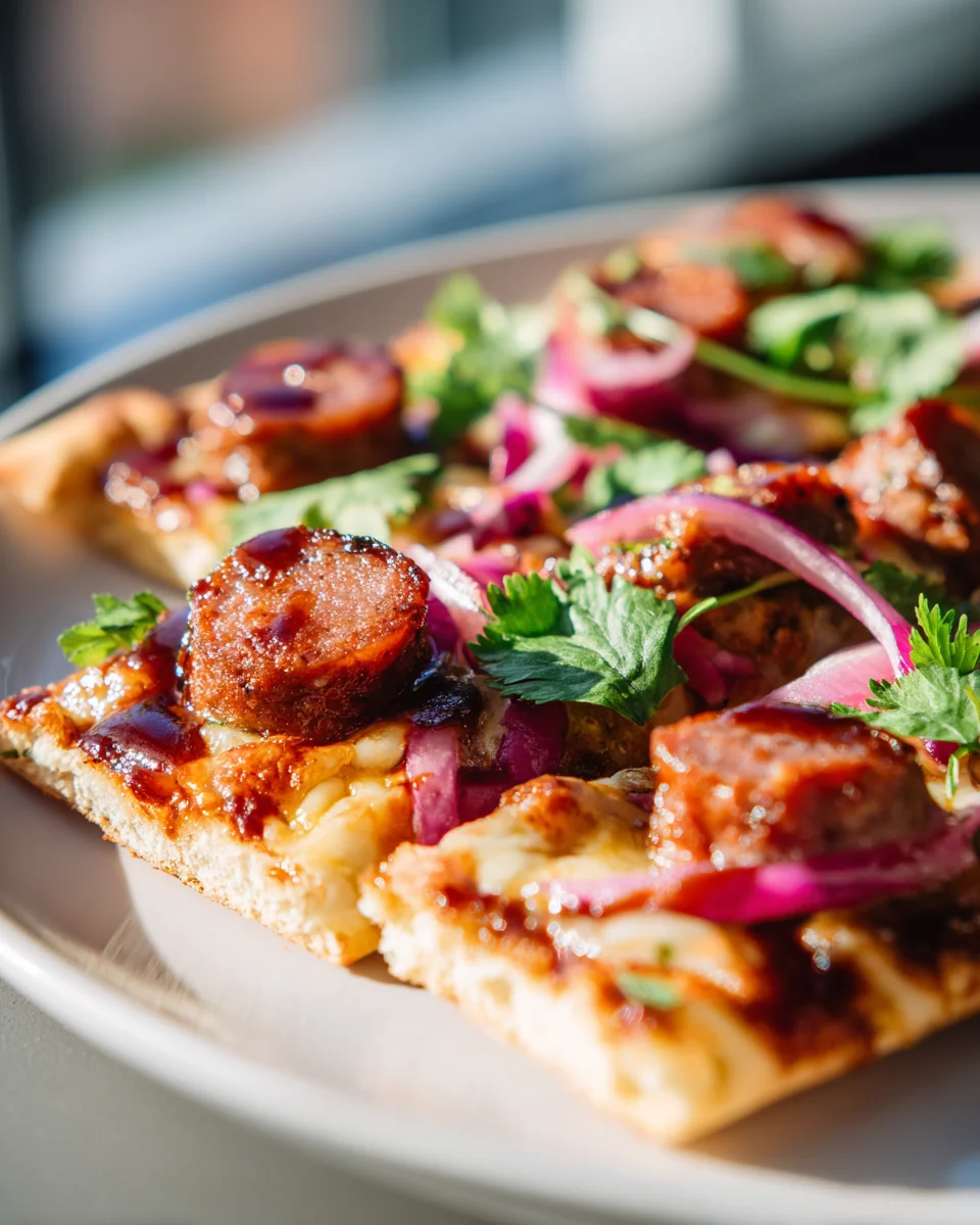 BBQ Beef Sausage Flatbread Pizza with Tangy Pickled Onion
