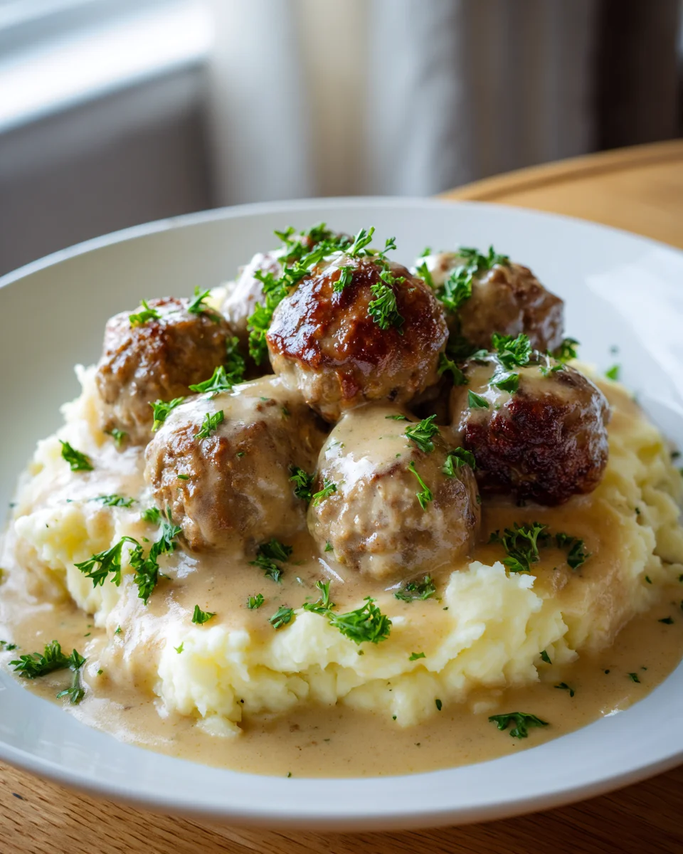 Best Beef Meatballs in Creamy Sauce with Mashed Potatoes