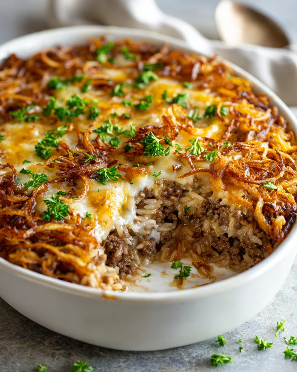 Delicious French Onion Ground Beef & Rice Casserole