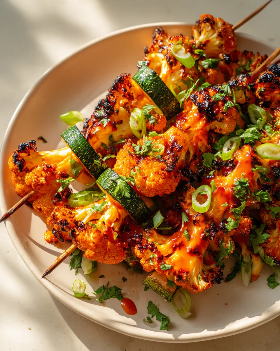 Buffalo Zucchini Cauliflower Skewers - Spicy Veggie Fun!