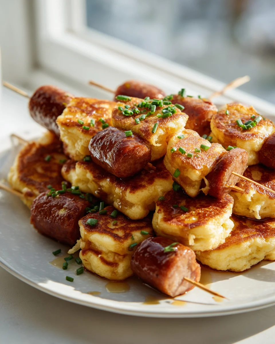 Easy Breakfast Pancake & Beef Sausage Skewers Bites
