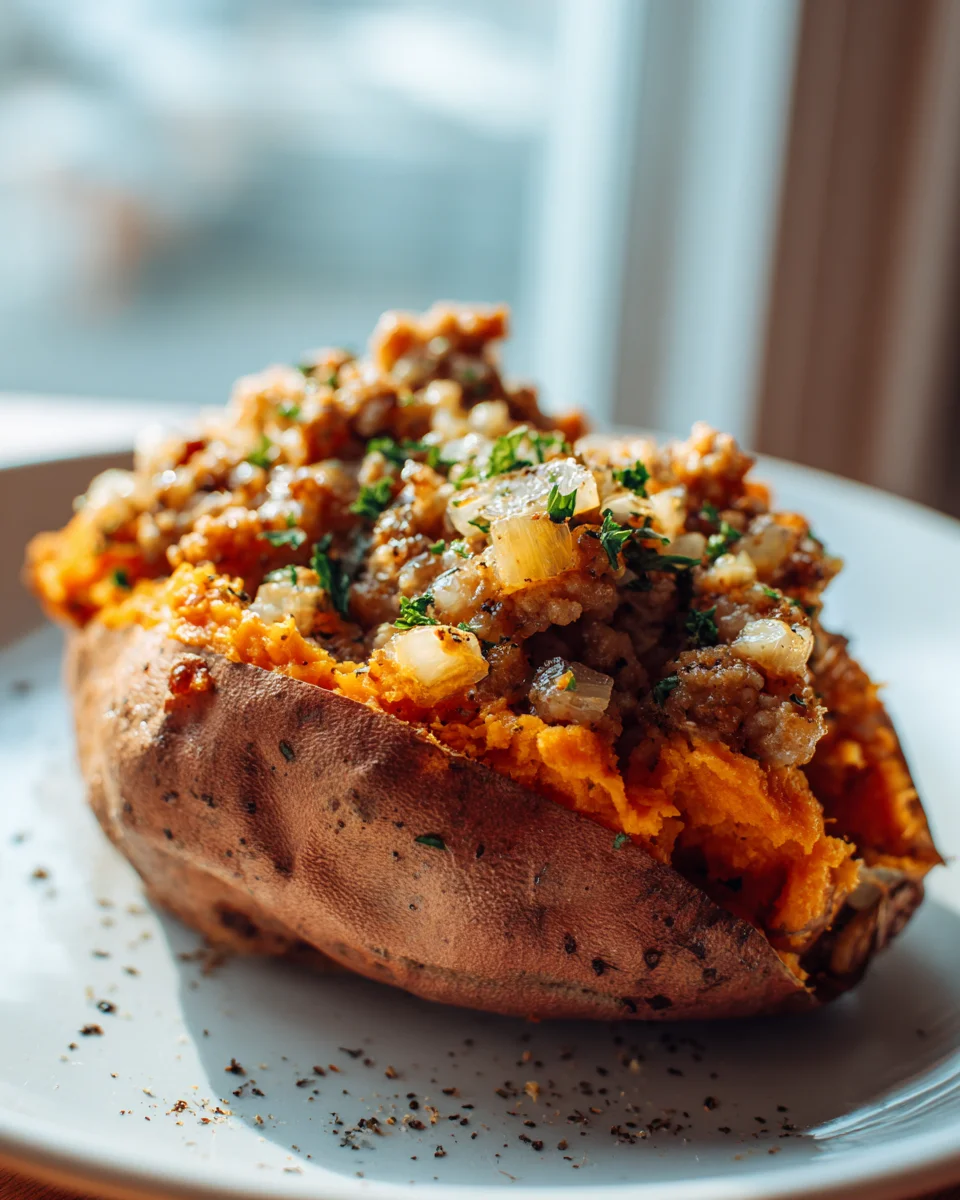 Turkey Sausage & Non-Alcoholic Ale Stuffed Sweet Potatoes