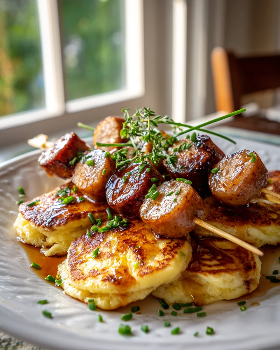 Easy Breakfast Pancake & Beef Sausage Skewers Bites