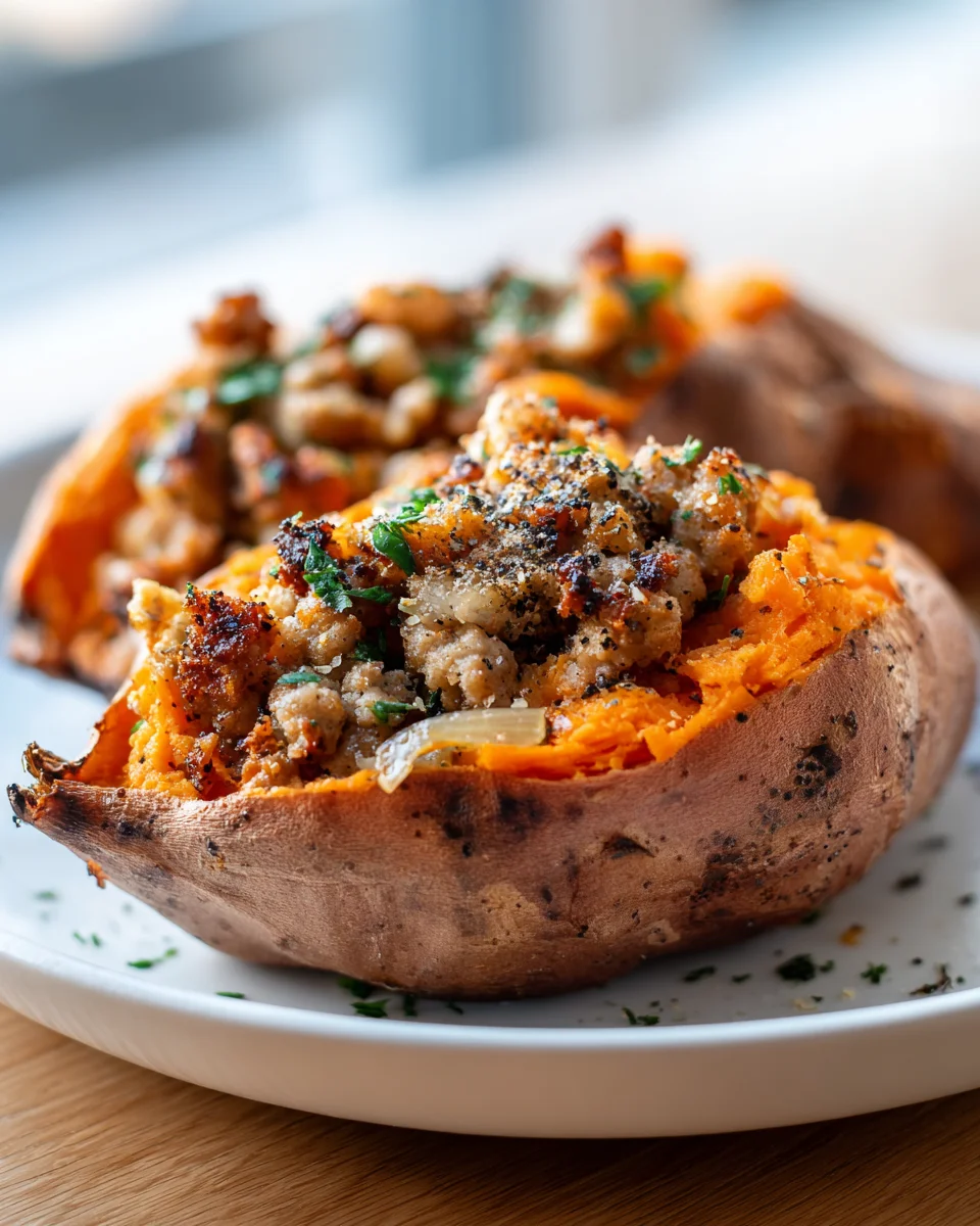 Turkey Sausage & Non-Alcoholic Ale Stuffed Sweet Potatoes